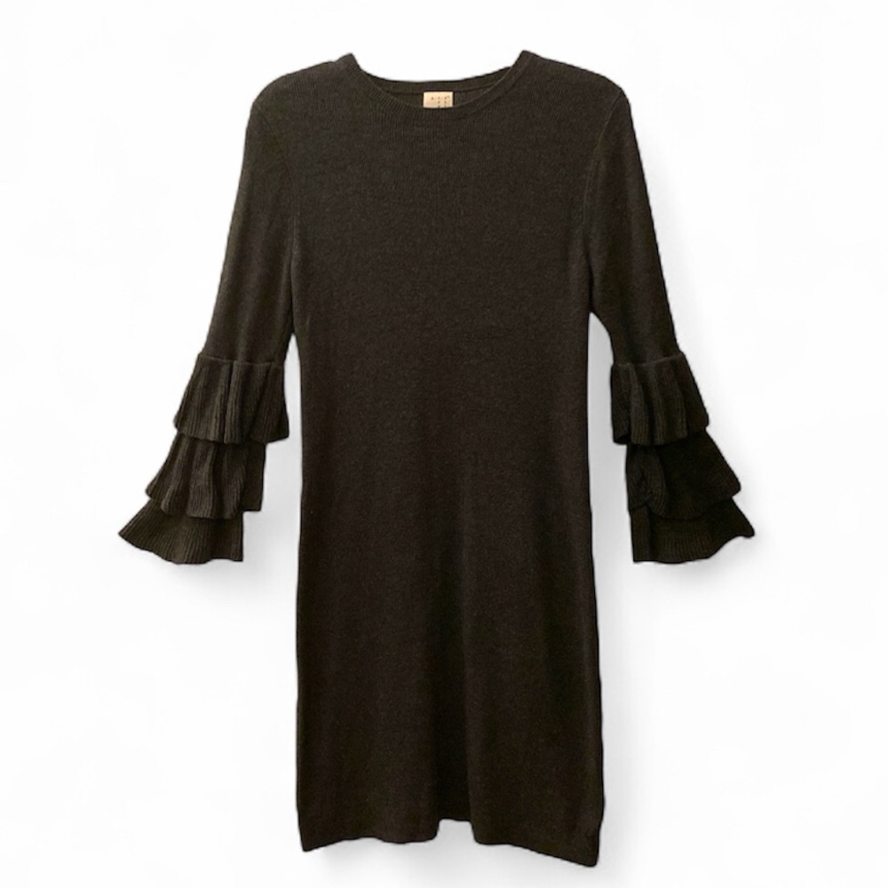 Comfy Charcoal Gray Knit Dress with Ruffle Sleeves